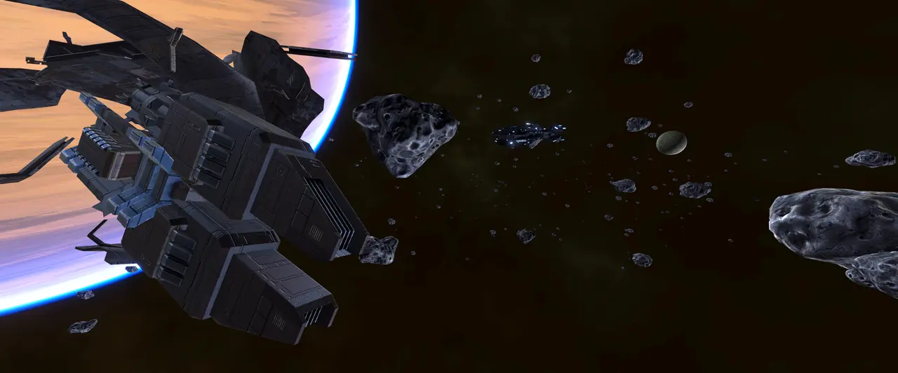Un vaisseau capital en orbite d'une planète, à l'entrée d'une ceinture d'astéroïdes